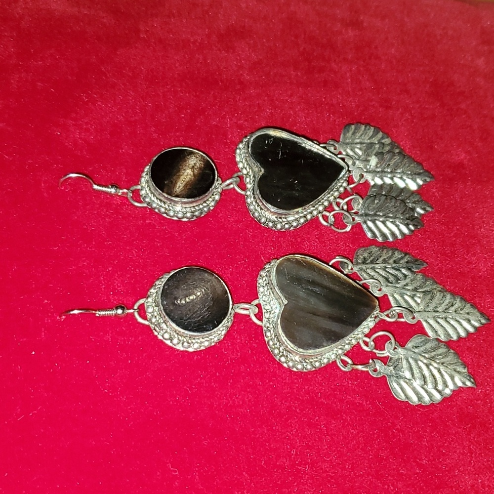 Vintage Petrified Wood Heart Silver Dangle Earrings ESTATE